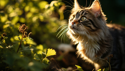 Tabby cat among sunlit greenery in a peaceful yet lively mood.