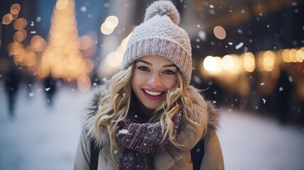 Smiling girl in warm clothes against the backdrop of a snowy city street with illuminations and...