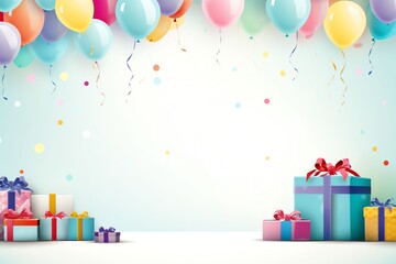 Happy birthday party background with text and colorful tools - obrazy, fototapety, plakaty
