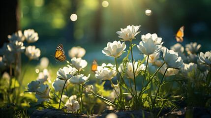 White flowers and butterflies in a tranquil green forest.