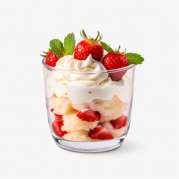 tasty vanilla mousse with strawberries isolated on transparent background created with Generative Ai