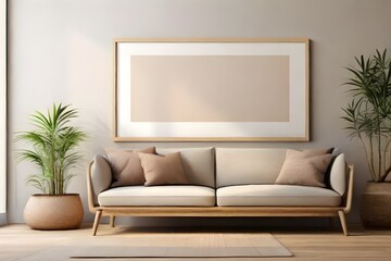 Blank Wooden Picture Frame Mockup On Wall In Modern Interior. Horizontal Artwork Template Mock-Up For Artwork, Painting, Photo Or Poster In Interior GENERATIVE AI