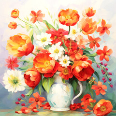 Watercolors flowers bucket in white pot