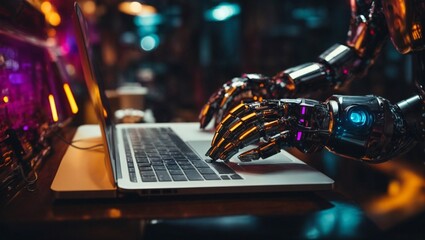 Robotic hands working on laptop. Artificial intelligence, and advance human civilization concept. Future technologies idea. With copy space. - obrazy, fototapety, plakaty