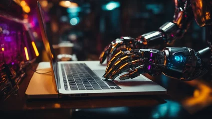 Foto op Aluminium Robotic hands working on laptop. Artificial intelligence, and advance human civilization concept. Future technologies idea. With copy space. © Milutinovic