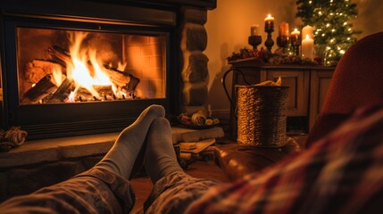 A person's feet in comfortable slippers by a cozy fireplace.