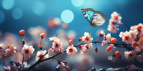 Butterfly gracefully hovering over blossoming spring flowers under soft light.