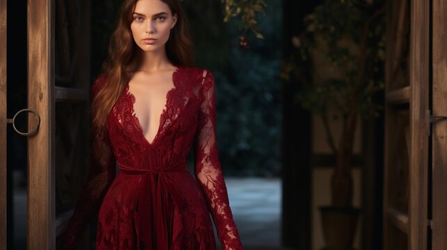 A red velvet dress with a plunging neckline and intricate lace detailing, designed for a glamorous winter evening.