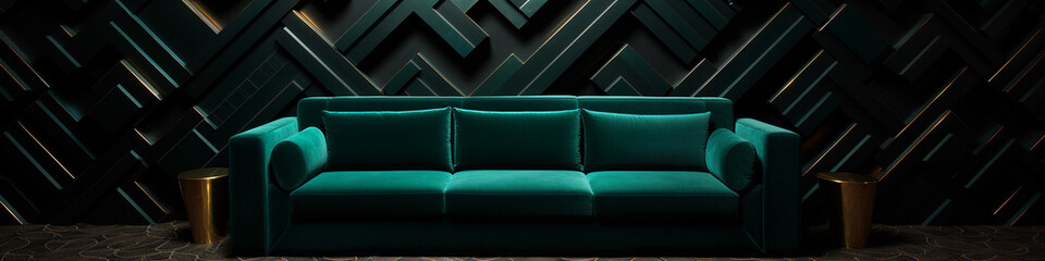 A labyrinthine 3D geometric design on an ebony wall, creating depth against a sumptuous emerald sofa, evoking opulence.