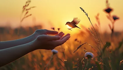 Foto op Plexiglas Woman praying and free bird enjoying nature at sunset, ai illustrations © mh.desing