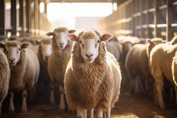 Sheep looking at camera in the wooden barn. In background group of sheep animals standing and eating on the farm..Herd or flock of sheep and lambs. Eco farm concept. Natural organic farming concept