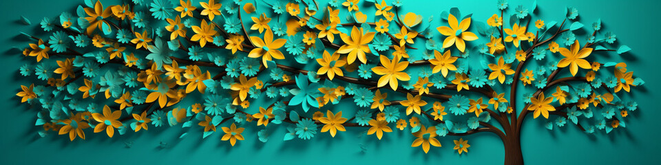 A radiant turquoise tree against a sunflower yellow wall, its intricate leaves forming a vivid 3D pattern.