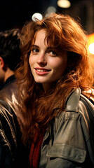 Fototapeta premium Portrait of a beautiful red-haired girl with long curly hair posing on street