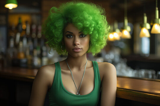 Portrait of a temptive african american woman with curly green hair in the bar. St Patrick day. High quality photo