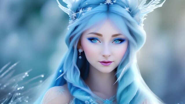Portrait of a Beautiful Blue Fairy Princess in a Winter Snow Forest