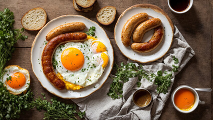 Fototapeta na wymiar Delicious fried eggs with sausages on the kitchen table traditional