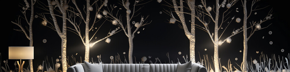 A silver birch tree in a 3D intricate design with white leaves, set against a midnight black wall, accompanied by a beige sofa.