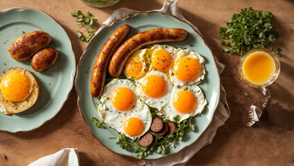 Fototapeta na wymiar Delicious fried eggs with sausages on the kitchen table breakfast