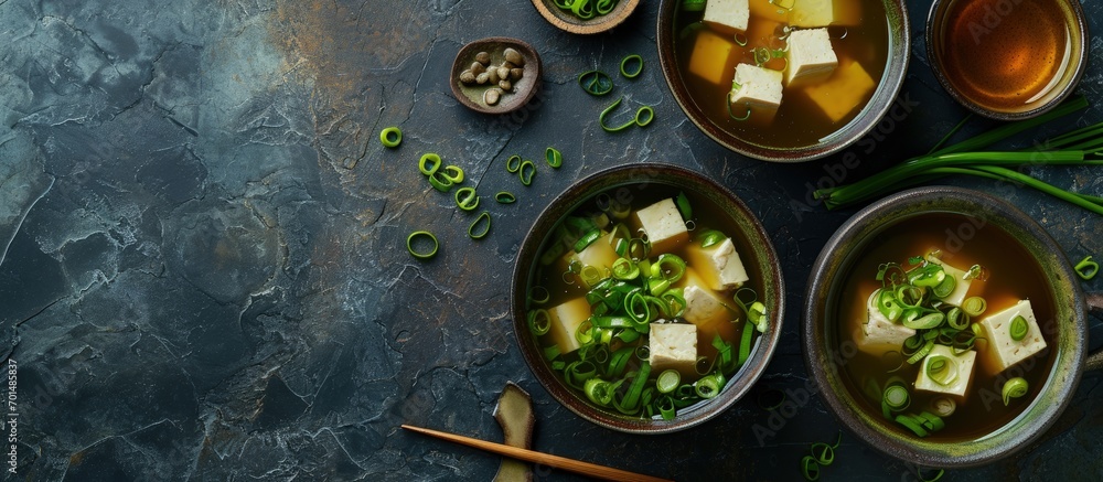 Aufkleber miso traditional japanese soup with tofu and spring onion with green tea in pot and bowls top view. 