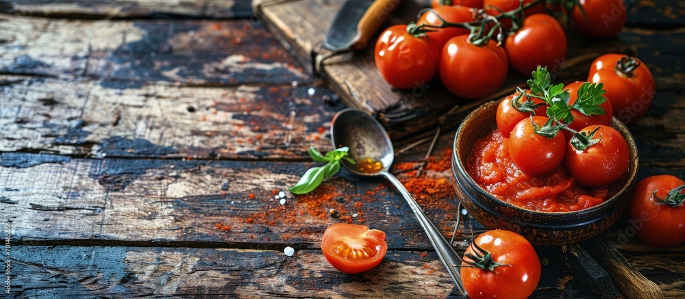 Poster tomatoes paste with ripe tomatoes on wooden tables top view. Creative Banner. Copyspace image