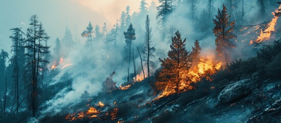 wildfire rural fire burning conflagration burning ash setting charred dry grass in forest acrid gray smoke uncontrolled fire in area combustible vegetation harming nature spontaneous spread