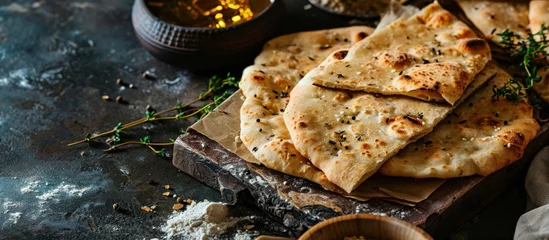 Rolgordijnen Mini traditional Shami flat bread with wheat and flour small Aish Shamy or small pita bread baked in extremely hot ovens it is the result of a mixture of wheat flour yeast salt and water © HN Works