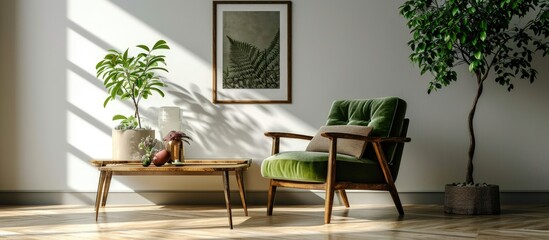 Fototapeta na wymiar Wooden coffee table in elegant living room interior with vintage armchair green plant in pot and poster in frame real photo. Creative Banner. Copyspace image