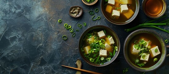 Miso traditional Japanese soup with tofu and spring onion With green tea in pot and bowls Top view....
