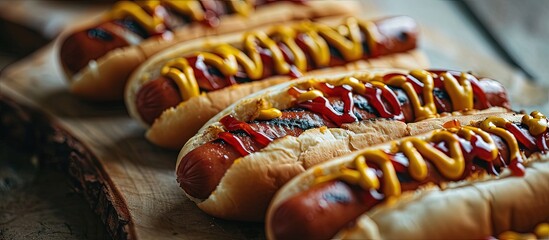 Plate of freshly grilled hotdogs with mustard Extreme shallow depth of field. Creative Banner. Copyspace image - obrazy, fototapety, plakaty