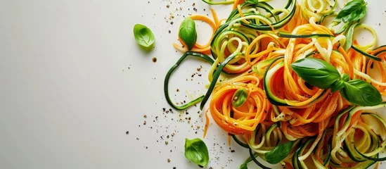 Foto op Canvas Pasta spaghetti with zucchini basil cream and cheese Top view with copy space on grey stone table Vegetarian vegetable pasta Zucchini noodles. Creative Banner. Copyspace image © HN Works