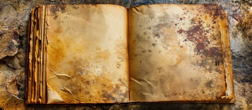 Old open notebook with yellowed and stained pages. Creative Banner. Copyspace image