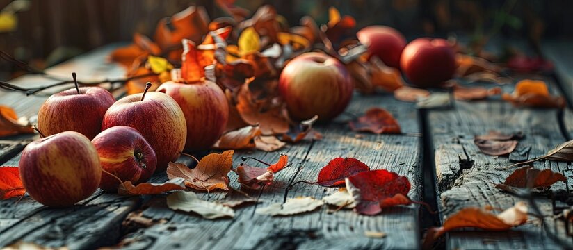 Vintage Autumn border from apples and fallen leaves on old wooden table Thanksgiving day concept background with apples. Creative Banner. Copyspace image