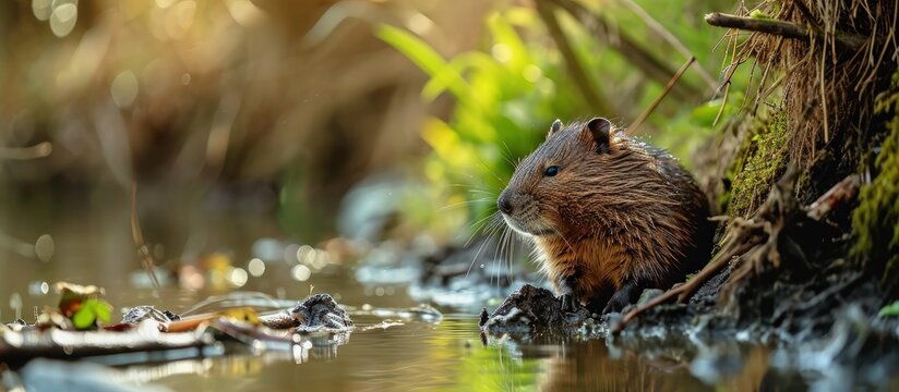 The muskrat Ondatra zibethicus rodent from the family Cricetidae Muskrat in the natural habitat ecosystem. Creative Banner. Copyspace image