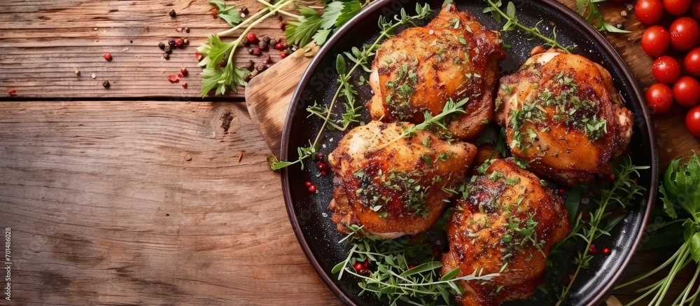 Poster smoked chicken thighs with spices and herbs top view free space for text. creative banner. copyspace
