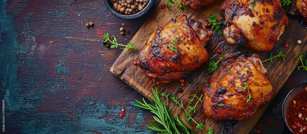 Poster smoked chicken thighs with spices and herbs top view free space for text. creative banner. copyspace