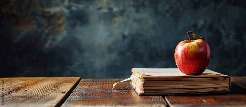 Poster Open book and red apple on desk with empty chalkboard. Creative Banner. Copyspace image