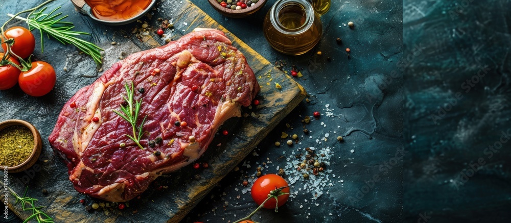Aufkleber ribeye fresh raw beef steak with spices on stone board top view flat lay with copy space. creative b