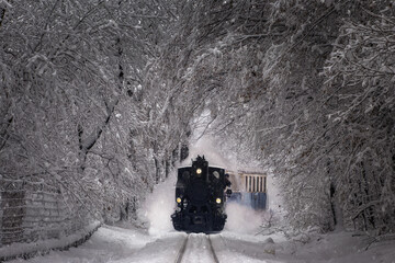 Budapest, Hungary - Beautiful winter forest scene with snowing, snowy forest and old nostalgic tank engine (children's train) on the track in the Buda Hills near Csilleberc in December