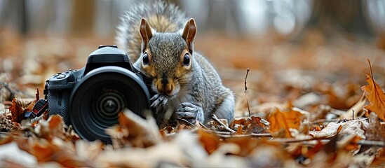 Squirrel as a photographer with big professional camera. Creative Banner. Copyspace image