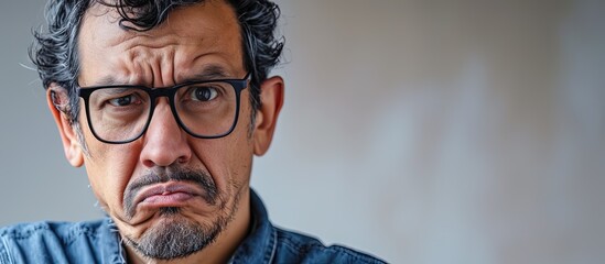 Middle age latin man wearing casual clothes and glasses disgusted expression displeased and fearful doing disgust face because aversion reaction. Creative Banner. Copyspace image - obrazy, fototapety, plakaty