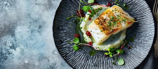 Modern style traditional fried skrei cod fish filet with mashed potato cream and coriander lime relish served as top view on Nordic design plate with copy space. Creative Banner. Copyspace image