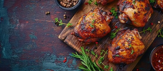 Smoked chicken thighs with spices and herbs Top view Free space for text. Creative Banner. Copyspace image