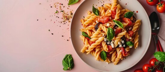 Pasta with eggplant tomato sauce basil served with grated ricotta salata cheese Pasta alla Norma pasta salad Pink and beige table surface Directly above vertical image. Creative Banner - obrazy, fototapety, plakaty
