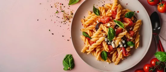 Tuinposter Pasta with eggplant tomato sauce basil served with grated ricotta salata cheese Pasta alla Norma pasta salad Pink and beige table surface Directly above vertical image. Creative Banner © HN Works