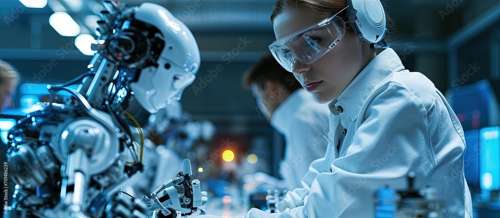 Aufkleber Young students of robotics preparing robot for testing. Creative Banner. Copyspace image