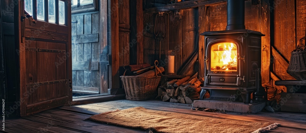 Poster vertical photo of wood stove fireplace with fire in metal body and glass door wicker basket in comfo