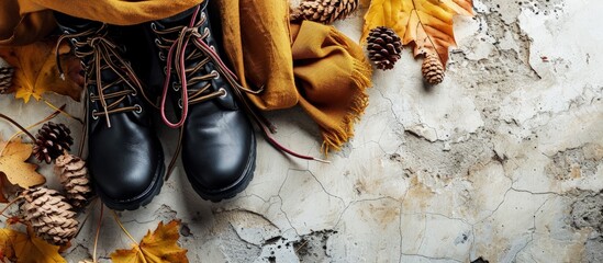 Set of women s autumn winter clothes on a light background black boots and scarf Fashionable clothes for walks flat lay. Creative Banner. Copyspace image - obrazy, fototapety, plakaty