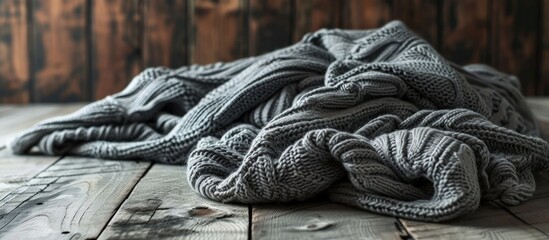 Warm knitted gray crumpled blanket on a wooden background. Creative Banner. Copyspace image