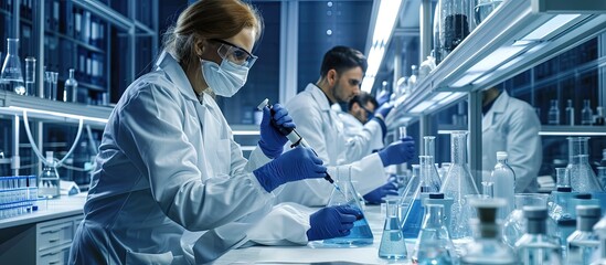 POV of scientist doctor doing research checking liquid from chemical container working in equipped laboratory Team of researchers examining vaccine evolution using high tech chemistry tools