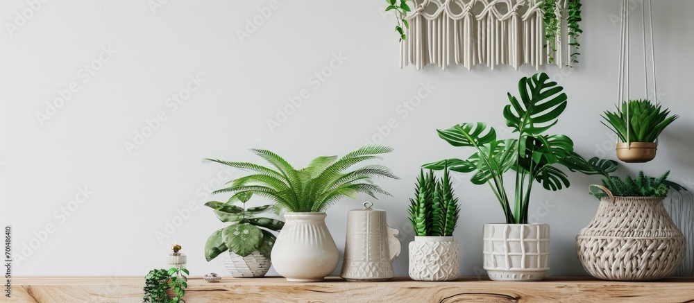 Aufkleber Stylish and minimalistic boho interior with crafted and handmade macrame shelf planter hanger for indoor plants design furnitures elegant accessories Botany home decor of living room with plant